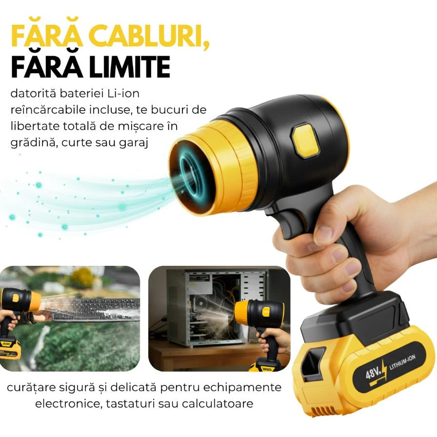 Suflanta Aer Portabila cu 2 Acumulatori 48V, 34000 RPM, Uscare Masina, Suflat Frunze, Yellow Hurricane
