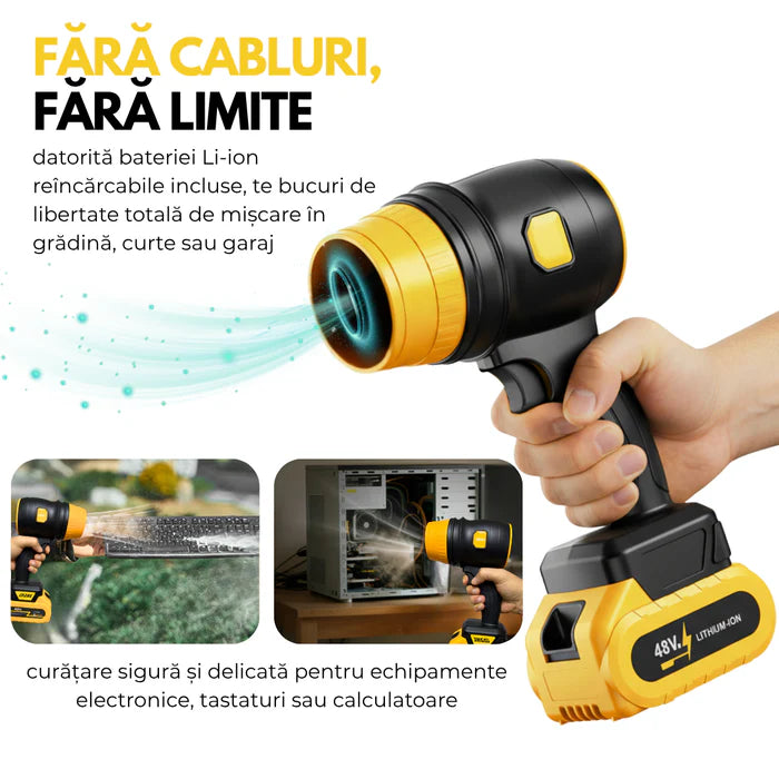 Suflanta Aer Portabila cu 2 Acumulatori 48V, 34000 RPM, Uscare Masina, Suflat Frunze, Yellow Hurricane