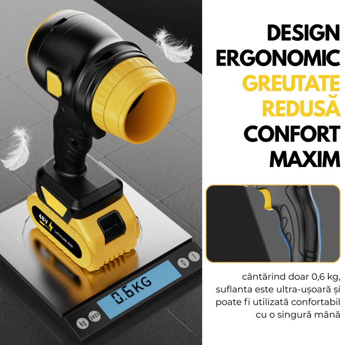 Suflanta Aer Portabila cu 2 Acumulatori 48V, 34000 RPM, Uscare Masina, Suflat Frunze, Yellow Hurricane