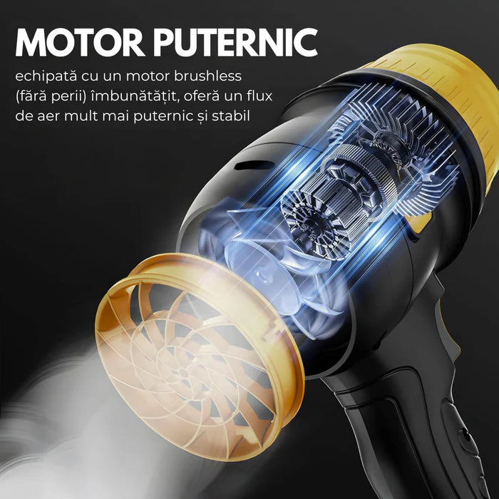 Suflanta Aer Portabila cu 2 Acumulatori 48V, 34000 RPM, Uscare Masina, Suflat Frunze, Yellow Hurricane