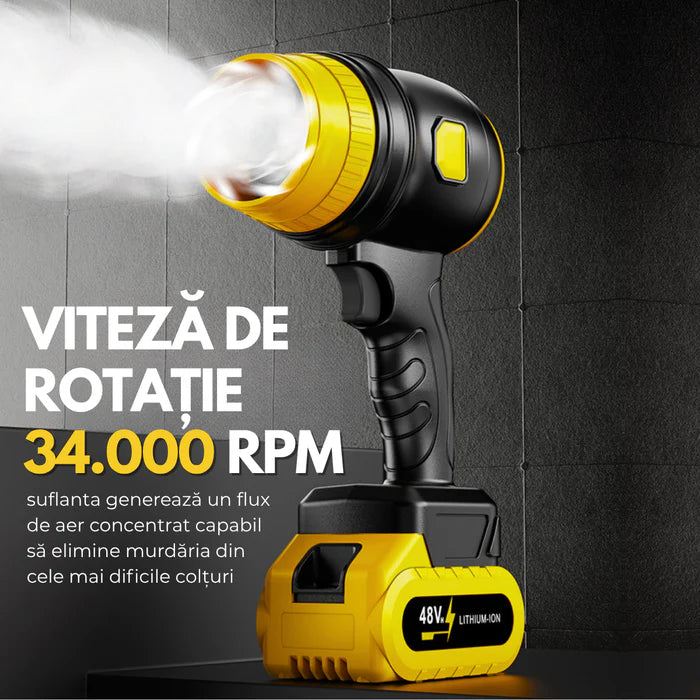 Suflanta Aer Portabila cu 2 Acumulatori 48V, 34000 RPM, Uscare Masina, Suflat Frunze, Yellow Hurricane