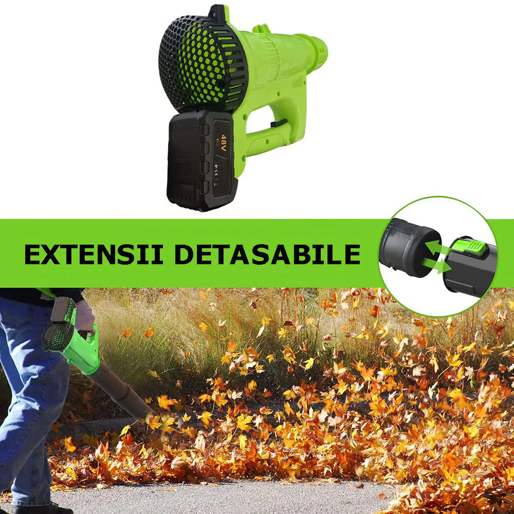 Suflanta de frunze electrica cu 2 Acumulatori 48V, Putere 3500W, 12.000 De Rotatii/min, Volum Aer 2.3 Metri Cubi/Minut, Negru/Verde