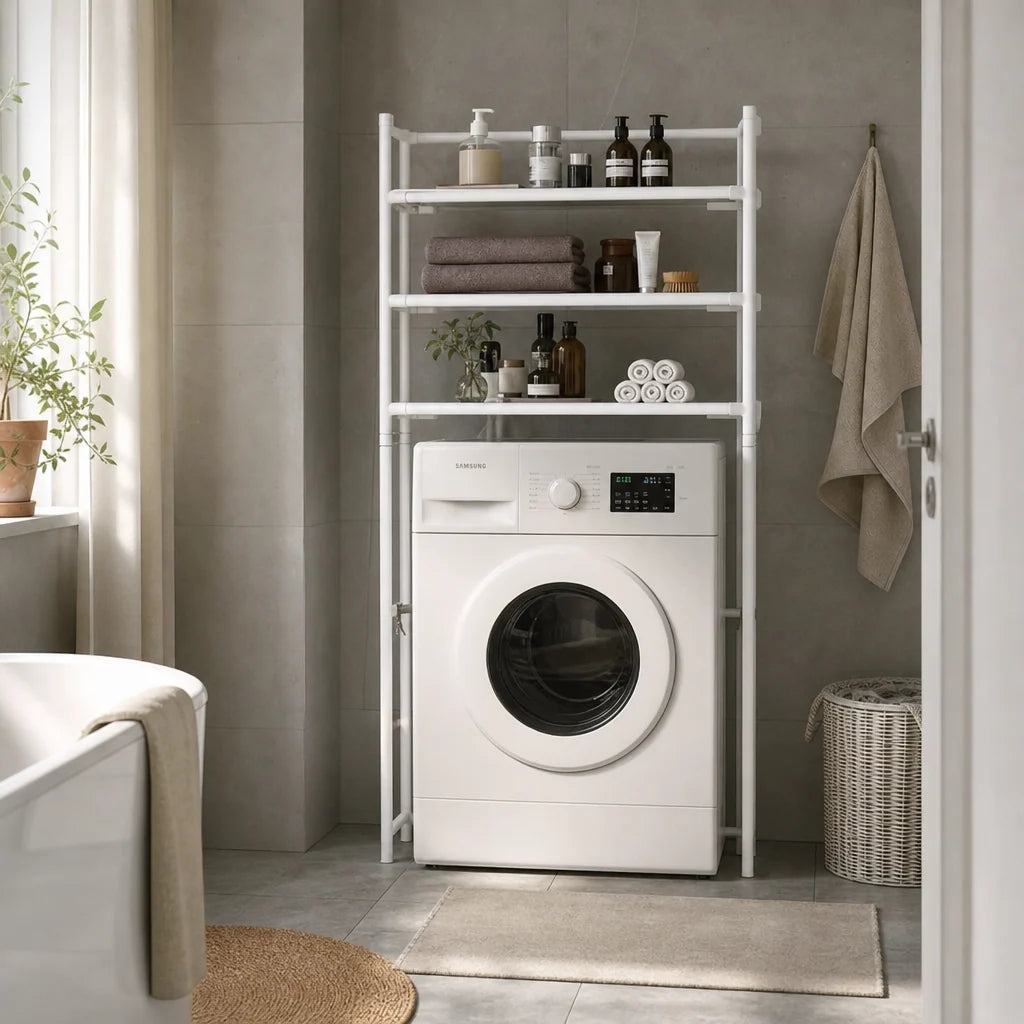 Suport Organizator Masina de Spalat 3 Polite Cadru Metalic Alb 72x25x155 cm