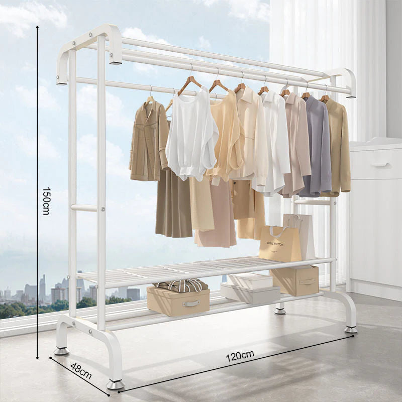 Suport dublu de umerase pentru haine, cu 1 suport de pantofi, din metal, cu raft depozitare deasupra – 50KG greutate maxima, 150x120x48cm