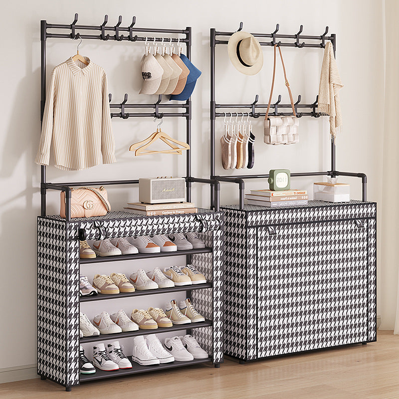 Suport multifunctional pentru incaltaminte cu cuier, negru, 171x60x30 cm, cu husa anti-praf