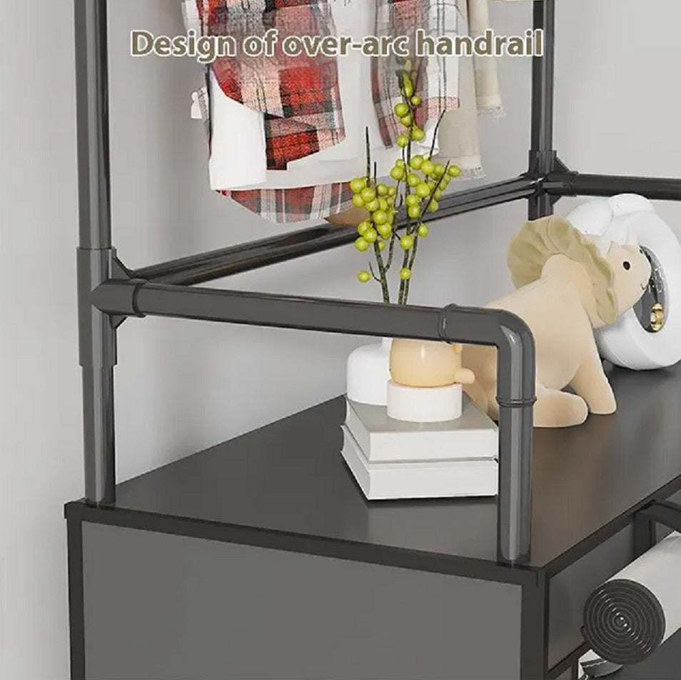 Suport multifunctional pentru incaltaminte cu cuier, negru, 171x60x30 cm, cu husa anti-praf