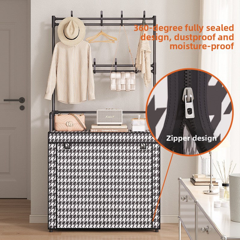 Suport multifunctional pentru incaltaminte cu cuier, negru, 171x60x30 cm, cu husa anti-praf