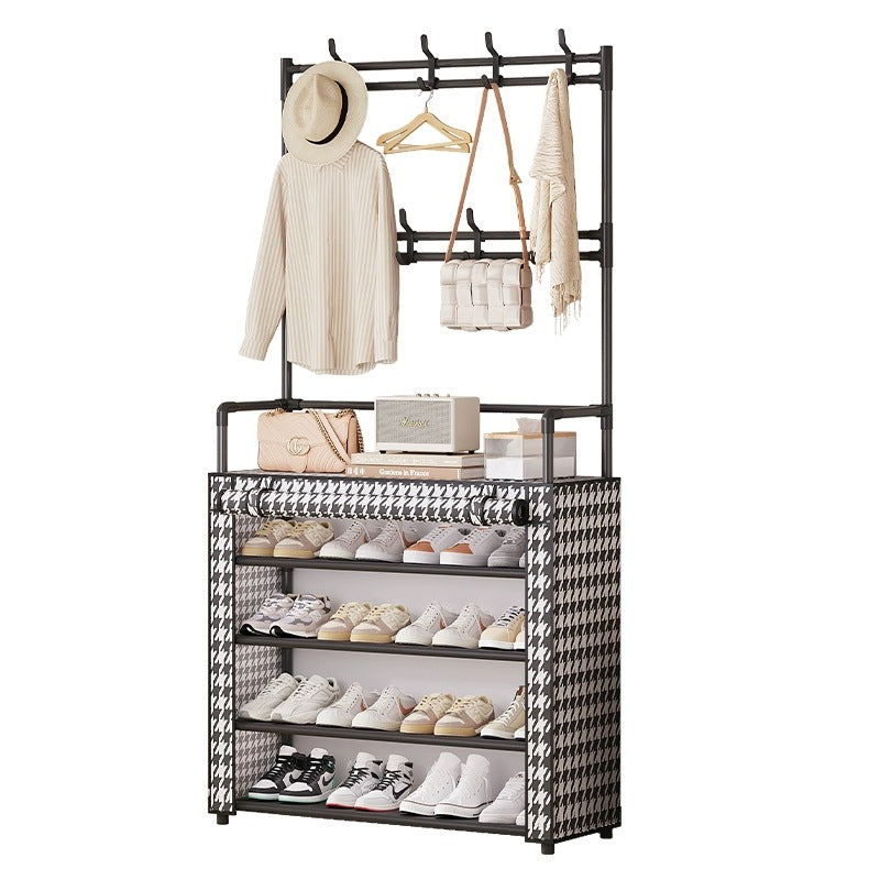 Suport multifunctional pentru incaltaminte cu cuier, negru, 171x60x30 cm, cu husa anti-praf