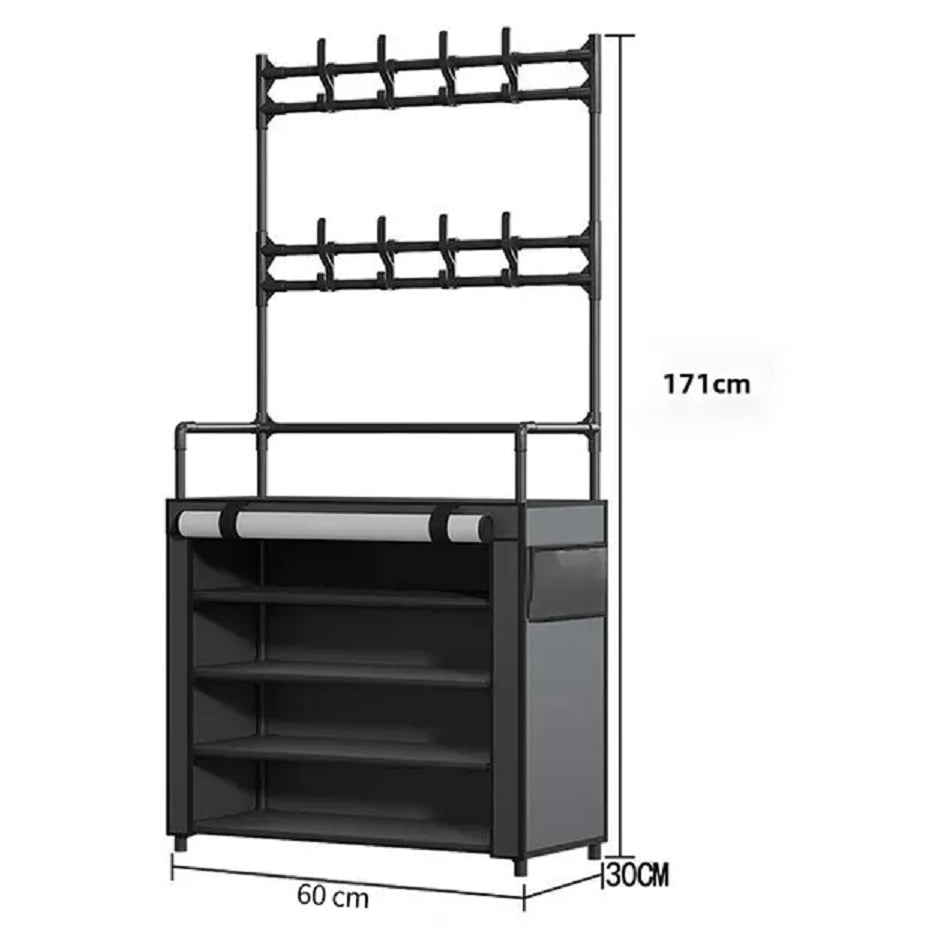 Suport multifunctional pentru incaltaminte cu cuier, negru, 171x60x30 cm, cu husa anti-praf