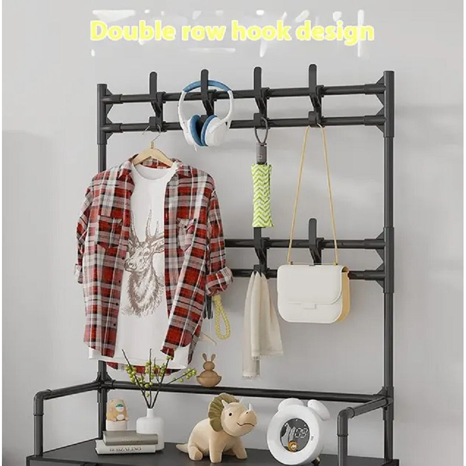 Suport multifunctional pentru incaltaminte cu cuier, negru, 171x60x30 cm, cu husa anti-praf