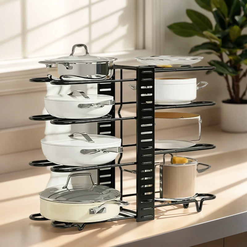 Suport organizator pentru oale si tigai cu 8 rafturi