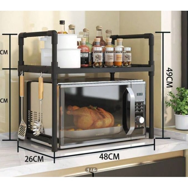 Suport pentru cuptor cu microunde cu raft extensibil, multifunctional, pentru bucatarie, din plastic si metal, negru, usor de instalat 48X26X49 cm