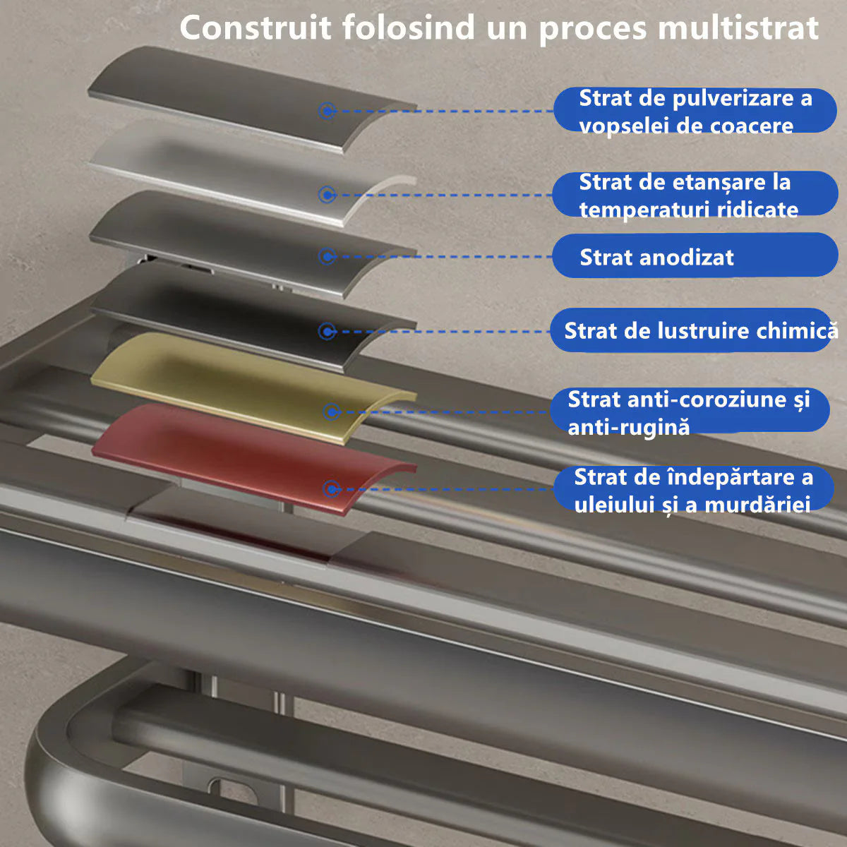 Suport prosoape baie, pliabil, aluminiu spatial, cu polita si carlige, lungime 60cm, Gri
