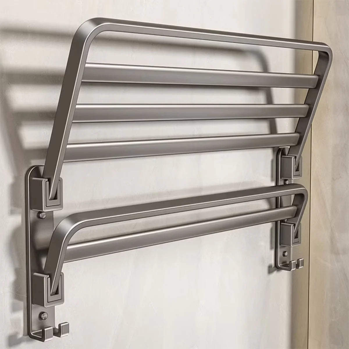 Suport prosoape baie, pliabil, aluminiu spatial, cu polita si carlige, lungime 60cm, Gri