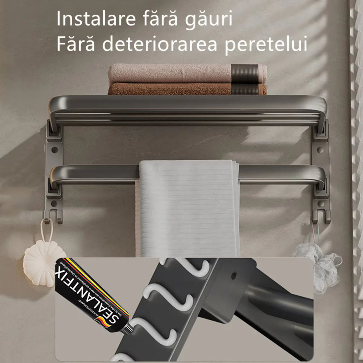 Suport prosoape baie, pliabil, aluminiu spatial, cu polita si carlige, lungime 60cm, Gri