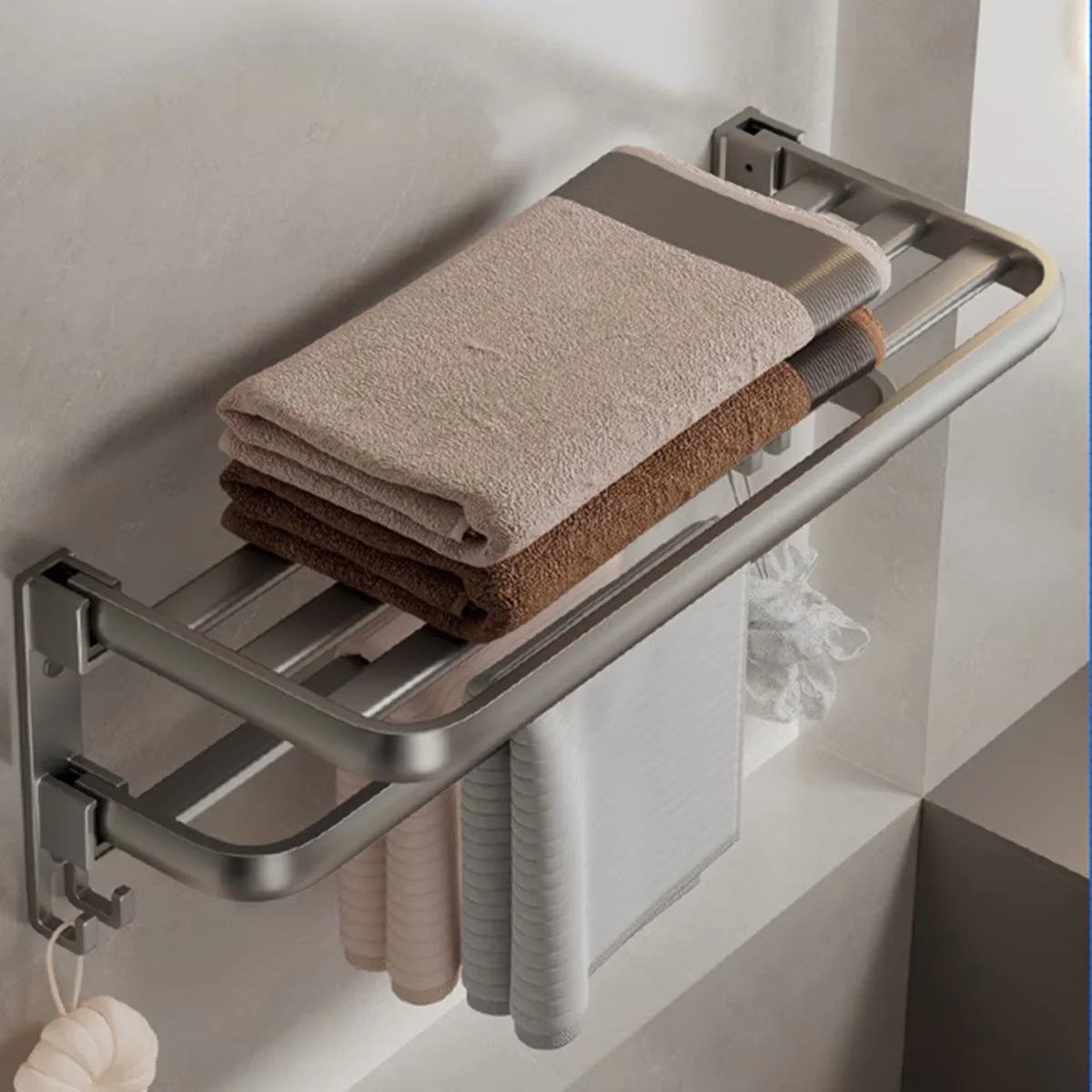 Suport prosoape baie, pliabil, aluminiu spatial, cu polita si carlige, lungime 60cm, Gri