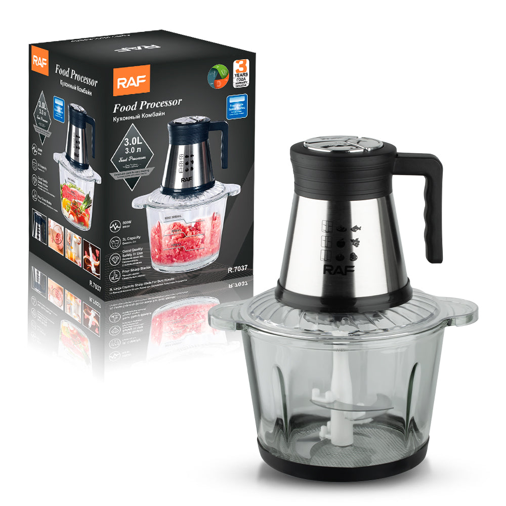 Tocator Electric Multifunctional RAF R.7037, 800W, Bol Sticla 3L, 4 Lame Inox, 2 Viteze, Robot Bucatarie pentru Tocare Carne, Legume si Fructe, Puternic, Compact, Usor de Curatat