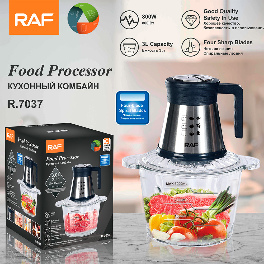 Tocator Electric Multifunctional RAF R.7037, 800W, Bol Sticla 3L, 4 Lame Inox, 2 Viteze, Robot Bucatarie pentru Tocare Carne, Legume si Fructe, Puternic, Compact, Usor de Curatat