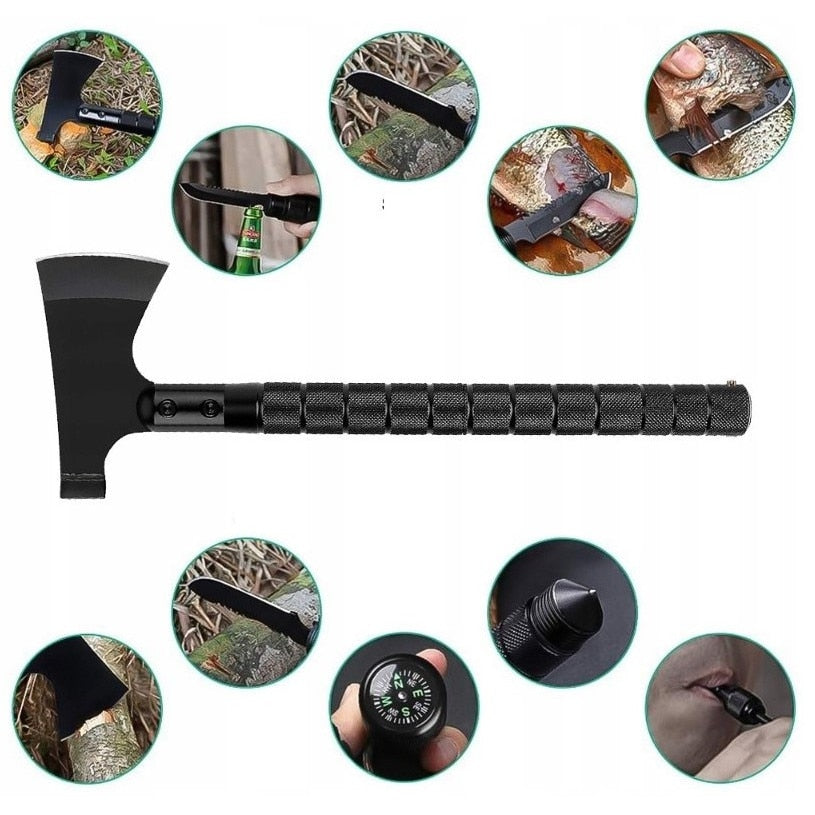 Topor Multifunctional 6 in 1 cu Cutit, Amnar, Busola si Fluier, 43,5 cm, Otel 420, Negru