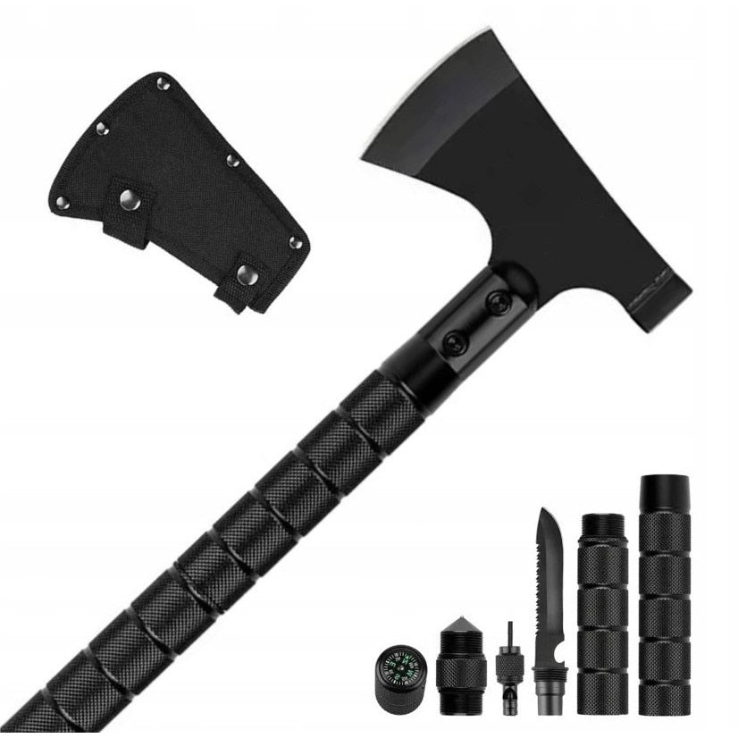 Topor Multifunctional 6 in 1 cu Cutit, Amnar, Busola si Fluier, 43,5 cm, Otel 420, Negru