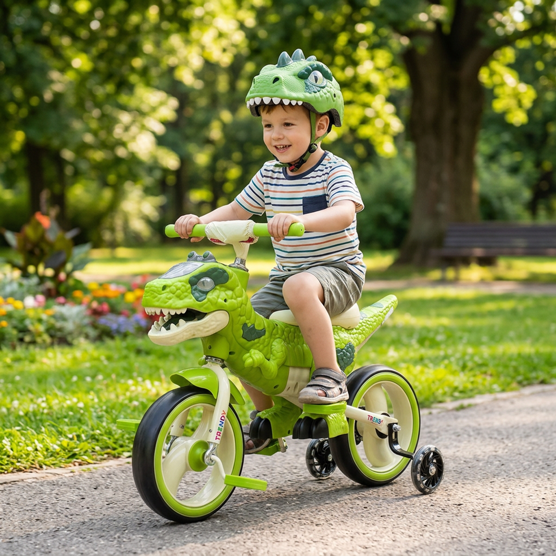 Tricicleta Jurassic T-Rex 2 in 1 | Tricileta si Bicicleta | Ochi LED | Urlet T-Rex | Roti Detasabile Fosforescente | EVA Silentioase | 2-8 Ani 35kg