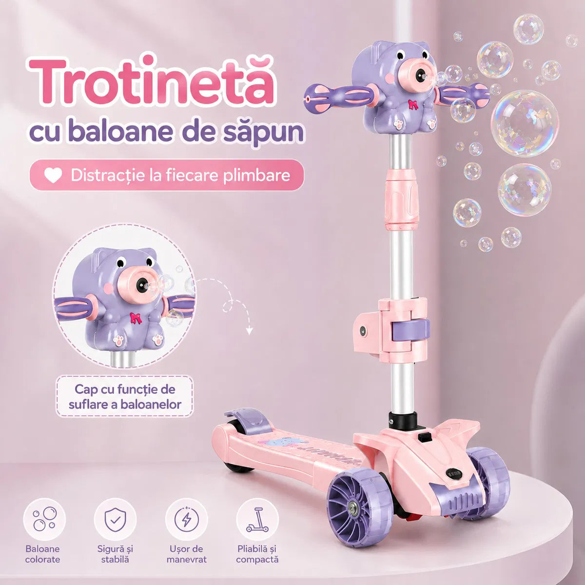 Trotineta Copii 3 in 1 Pliabila, Cu Scaun, Lumini LED si Baloane de Sapun