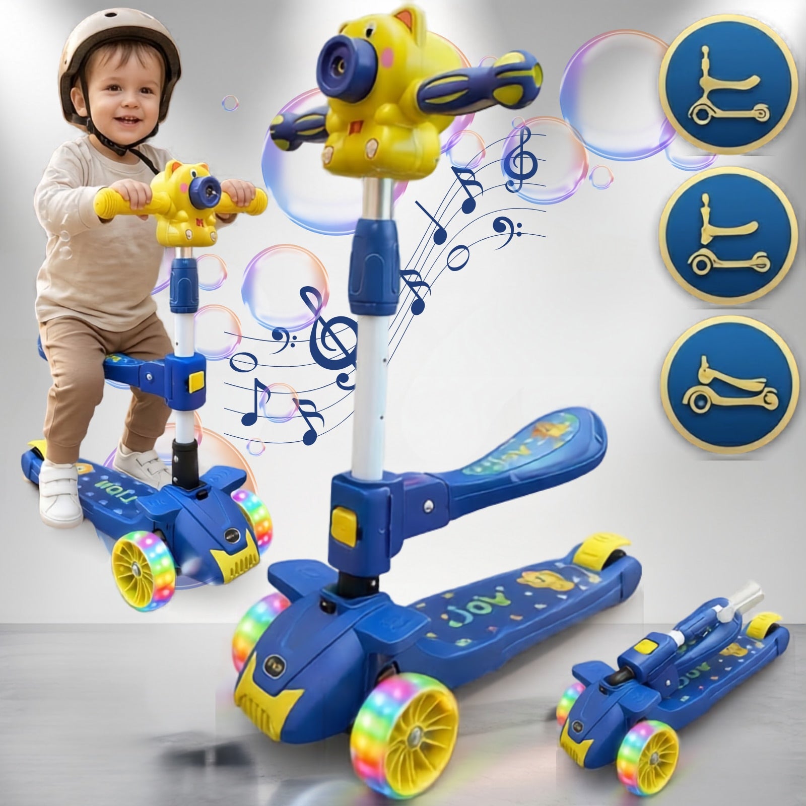 Trotineta Copii 3 in 1 Pliabila, Cu Scaun, Lumini LED si Baloane de Sapun