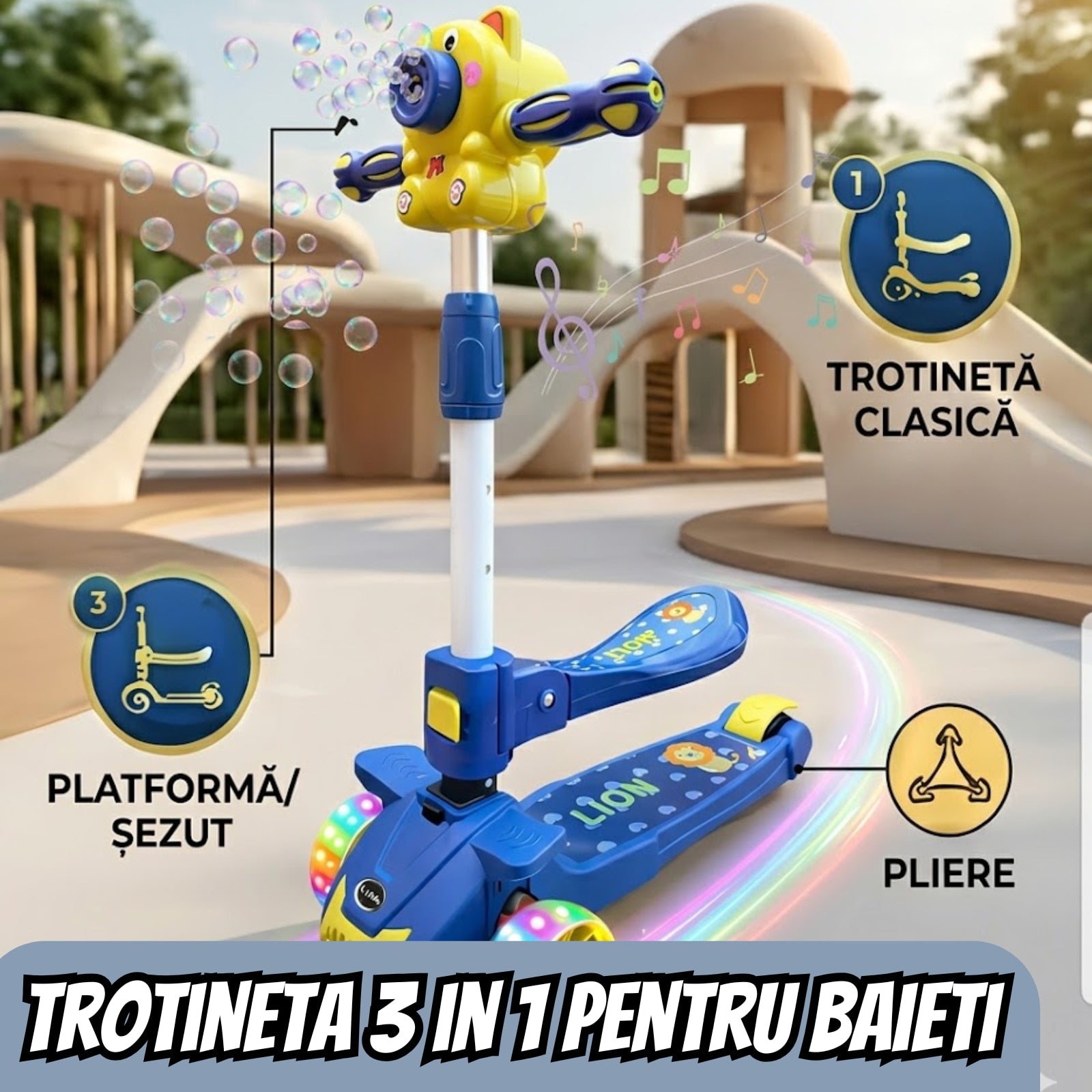 Trotineta Copii 3 in 1 Pliabila, Cu Scaun, Lumini LED si Baloane de Sapun