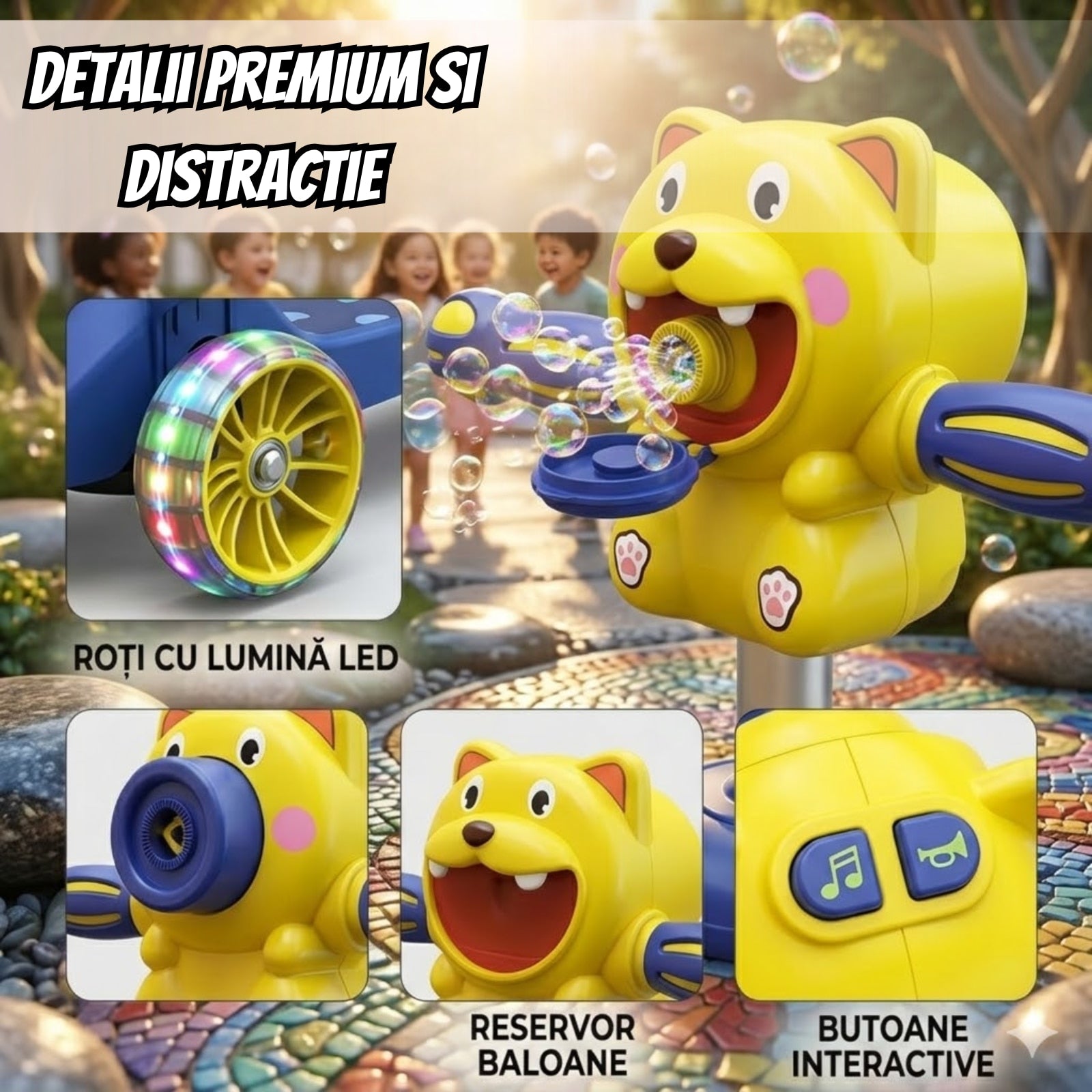Trotineta Copii 3 in 1 Pliabila, Cu Scaun, Lumini LED si Baloane de Sapun