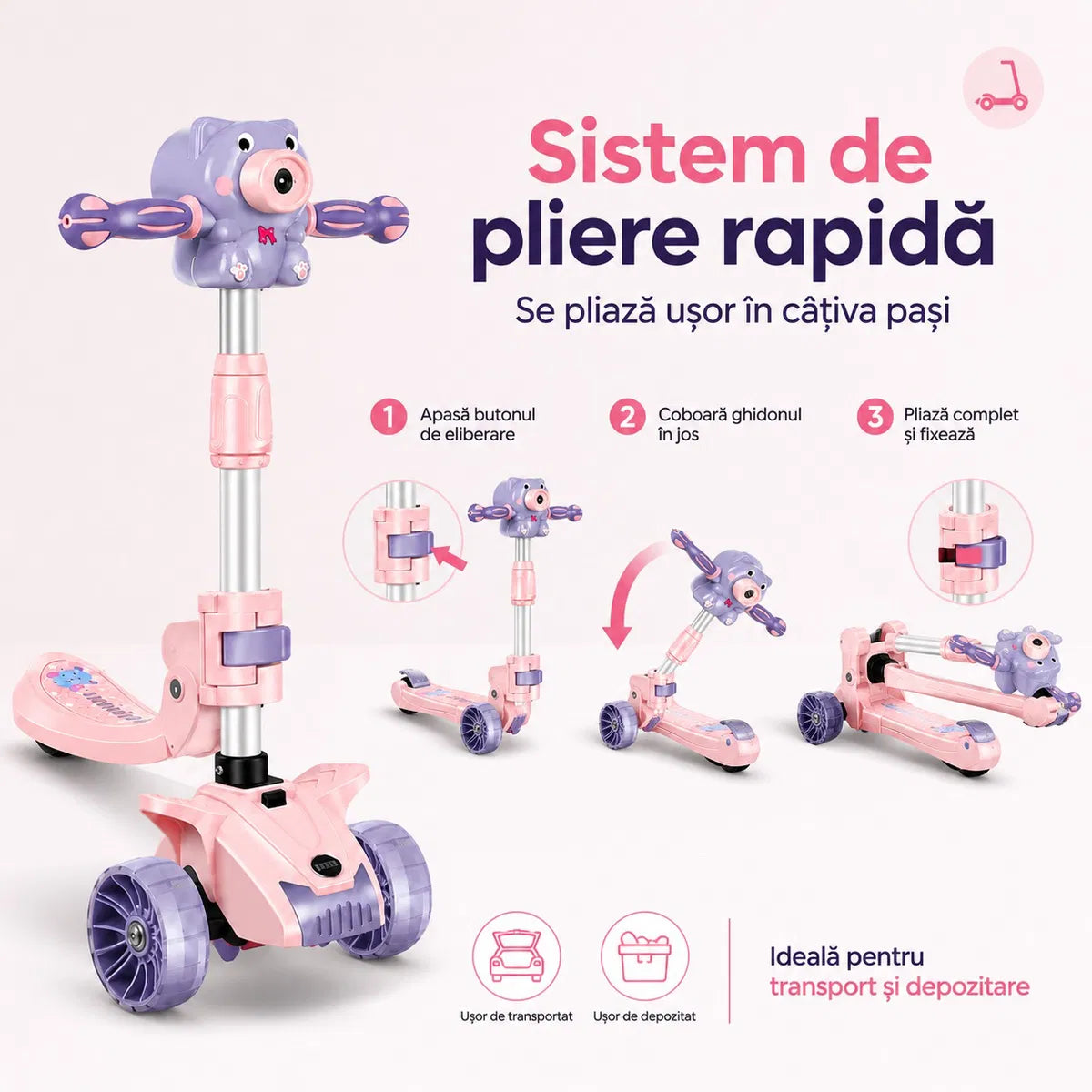 Trotineta Copii 3 in 1 Pliabila, Cu Scaun, Lumini LED si Baloane de Sapun