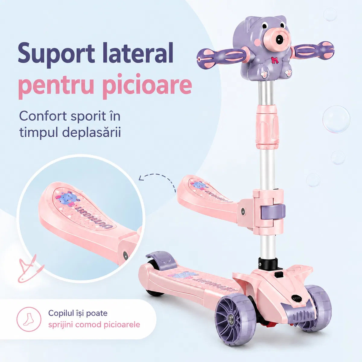 Trotineta Copii 3 in 1 Pliabila, Cu Scaun, Lumini LED si Baloane de Sapun