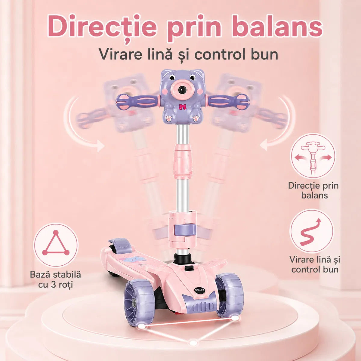 Trotineta Copii 3 in 1 Pliabila, Cu Scaun, Lumini LED si Baloane de Sapun