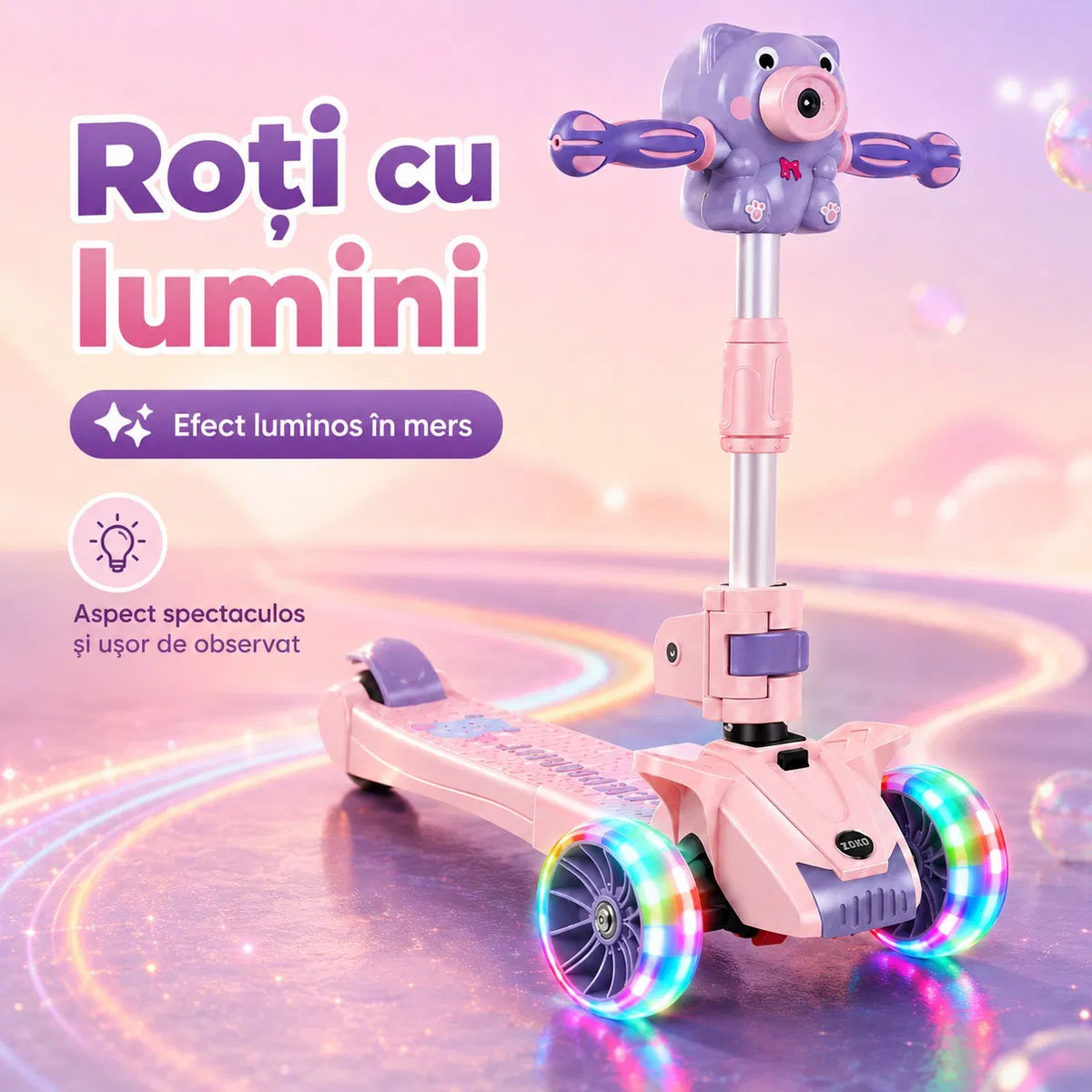 Trotineta Copii 3 in 1 Pliabila, Cu Scaun, Lumini LED si Baloane de Sapun