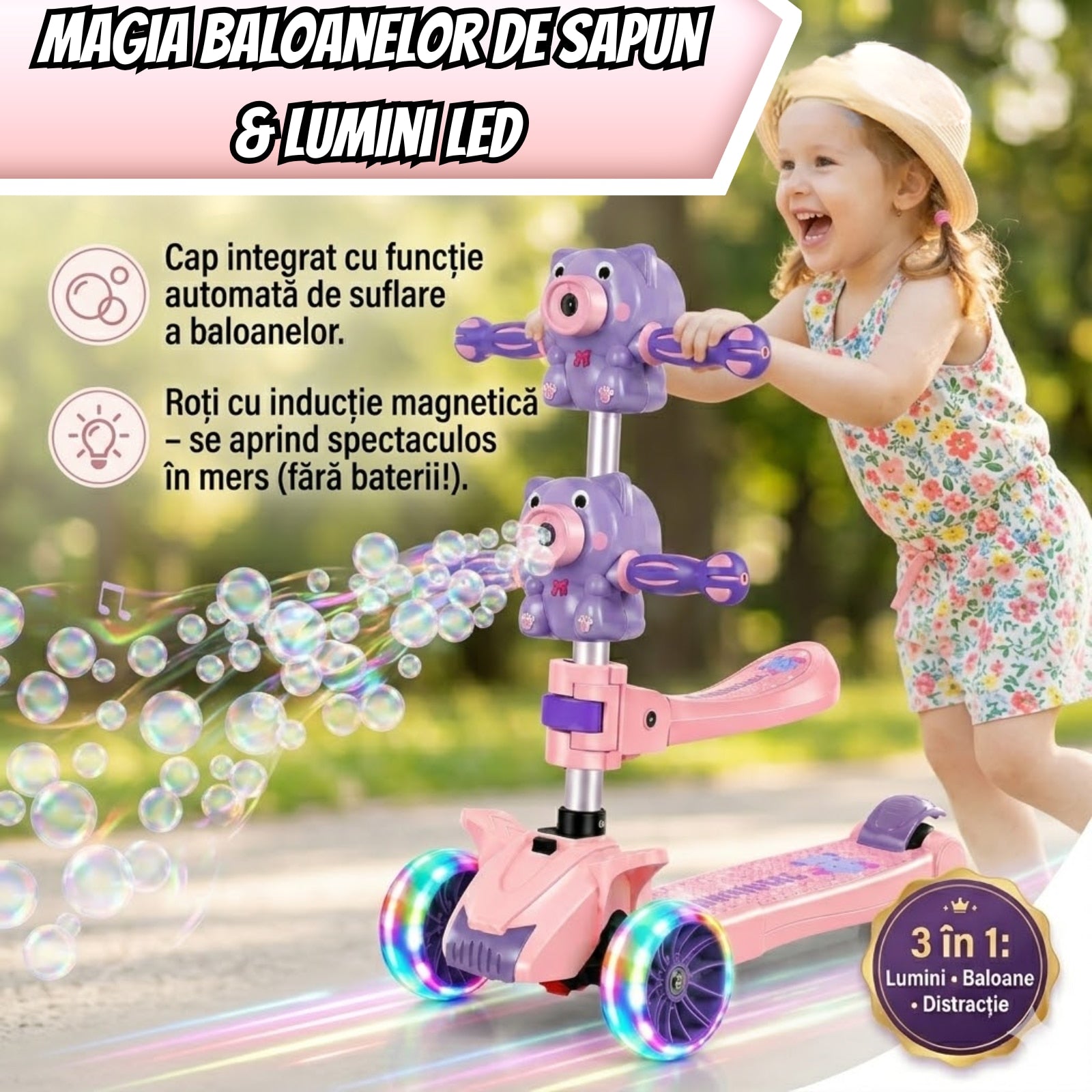Trotineta Copii 3 in 1 Pliabila, Cu Scaun, Lumini LED si Baloane de Sapun