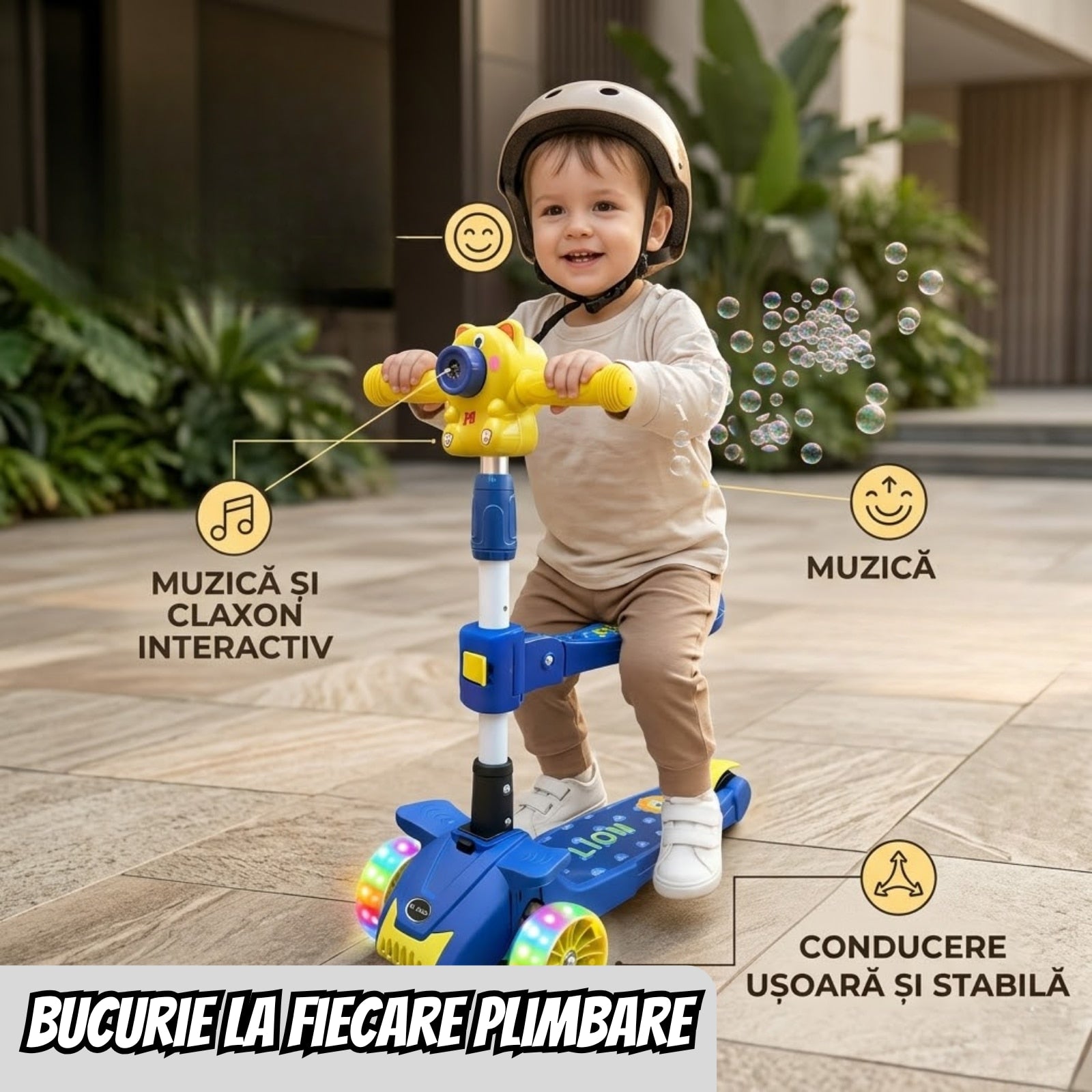 Trotineta Copii 3 in 1 Pliabila, Cu Scaun, Lumini LED si Baloane de Sapun