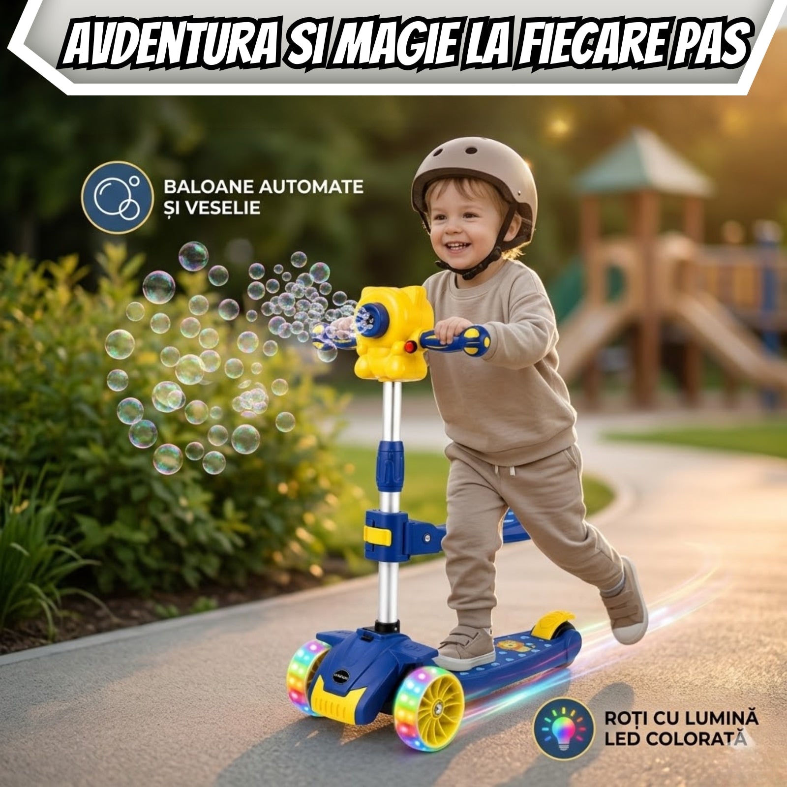 Trotineta Copii 3 in 1 Pliabila, Cu Scaun, Lumini LED si Baloane de Sapun