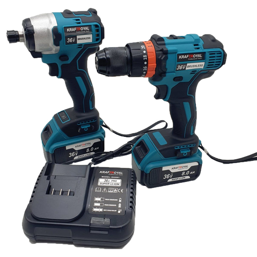 Trusa Bormasina cu Impact + Bormasina de gaurit si insurubat KraftRoyal cu 2 Acumulatori 48V 8 Ah
