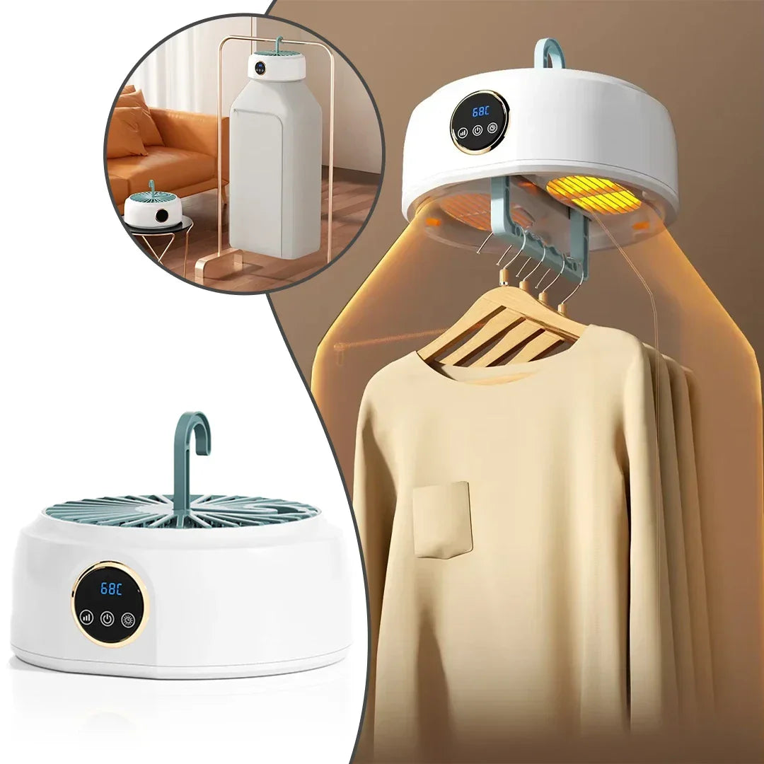 Uscator de haine pliabil de uz casnic, cu sac inclus, portabil, capacitate 10 KG, uscare rapida la temperatura constanta, sterilizare cu raze UV, cip PTC, circulatie de aer cald la 360°, Alb