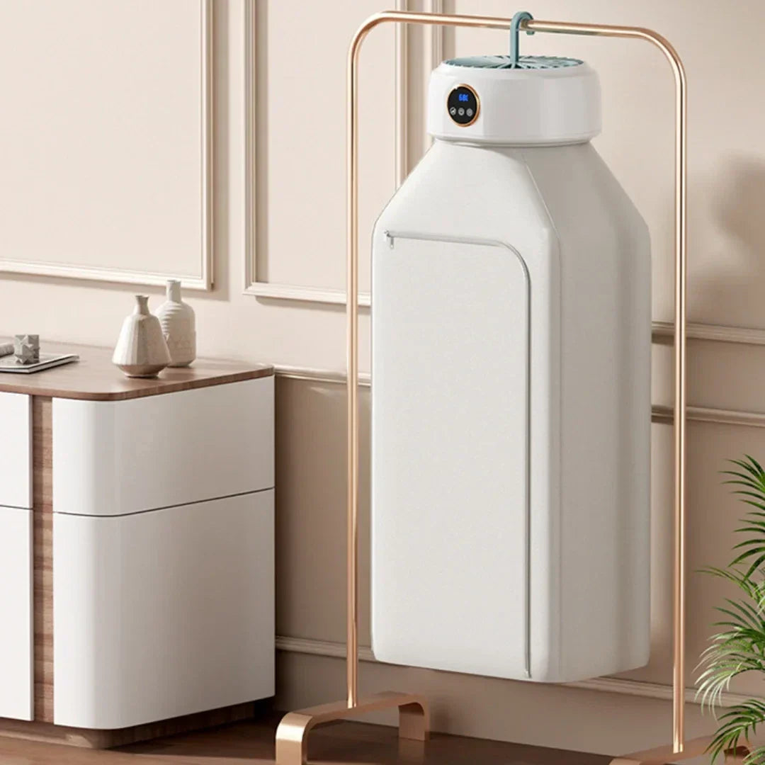 Uscator de haine pliabil de uz casnic, cu sac inclus, portabil, capacitate 10 KG, uscare rapida la temperatura constanta, sterilizare cu raze UV, cip PTC, circulatie de aer cald la 360°, Alb